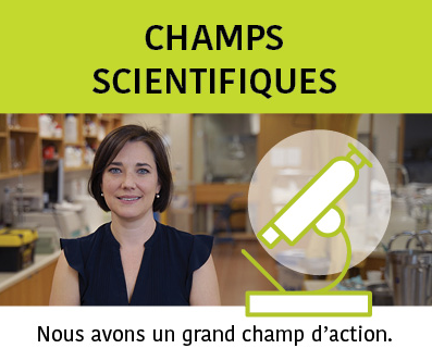 Scientifique dans l'image avec les mots "Champs scientifique" en haut et "Nous avons un grand champs d’action" en bas