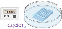 Cassette in a Petri dish containing calcium hypochlorite (Ca(ClO)2), timer, 1 minute