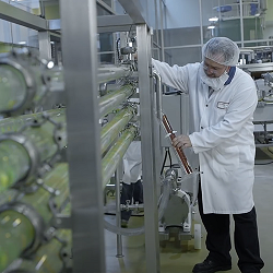 A food processing employee works with a machine at Saint-Hyacinthe's Research and Development Centre.