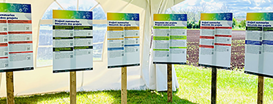 posters summarizing current research projects in a white tent
