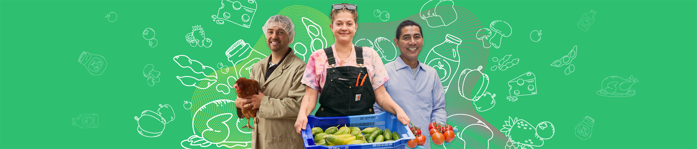 A man holding a hen, a woman holding a container full of cucumbers and a man holding tomatoes, on a background full of food icons