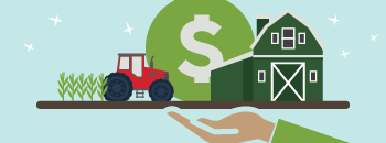 A hand holding out a farm with a dollar sign in the background.