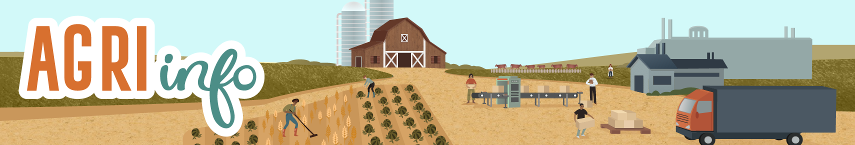 Texte AGRIinfo sur un dessin d'une ferme avec des ouvriers agricoles