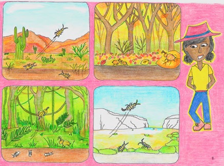 An illustration of a young  scientist wearing hat, with four smaller illustrations of insects in various environments.
