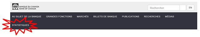 Saisie d’écran du site Web de la Banque du Canada, le lien « Statistiques » est mis en évidence.