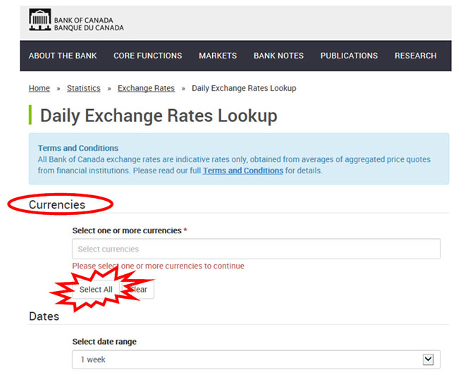 Screen capture of Bank of Canada website, currencies heading with select all highlighted