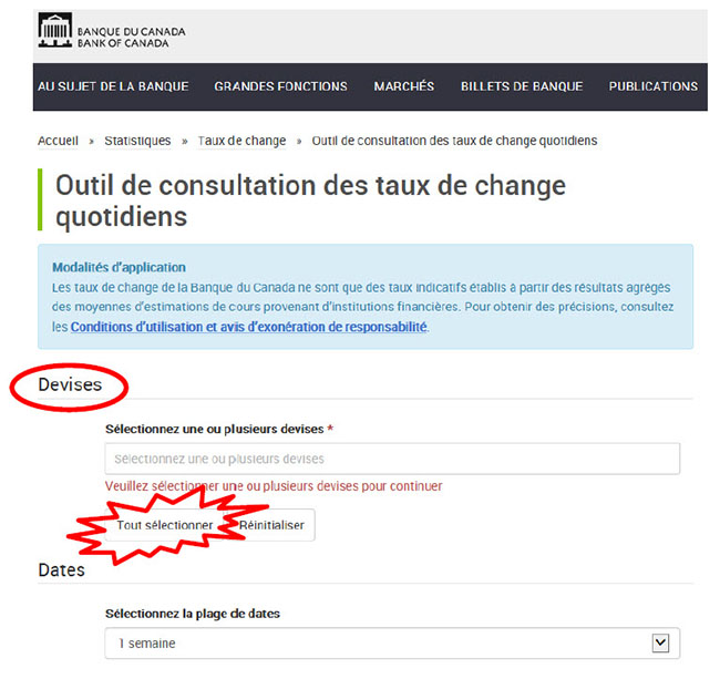 Saisie d’écran du site Web de la Banque du Canada, le titre « Devises » et le bouton « Tout sélectionner » sont mis en évidence.