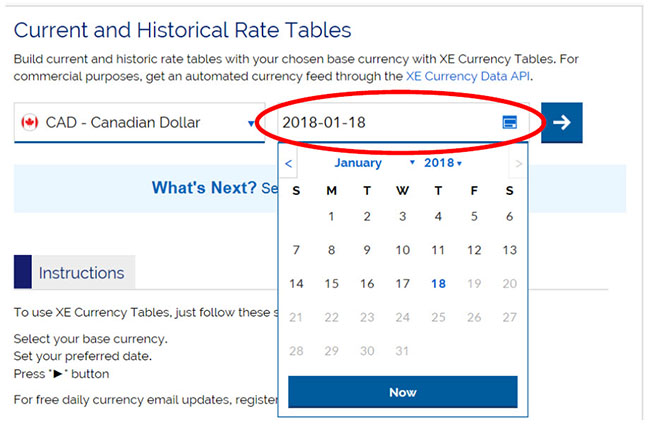 Screen capture of current and historical rate tables, Canadian Dollar, historical date calendar selected