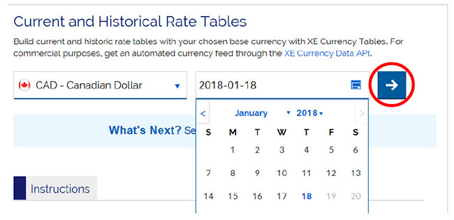 Screen capture of current and historical rate tables, right arrow icon selected