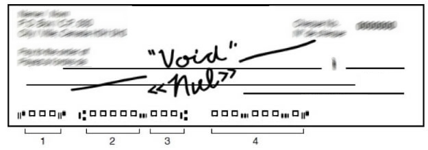 Blank cheque with “void” written on it
