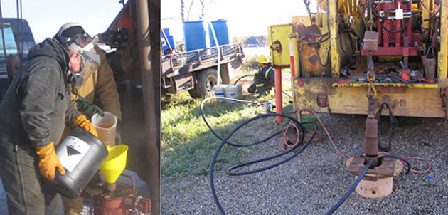 Photo d'un  homme en vêtement de  protection, versant des produits chimiques dans un puits et l'autre photo montre l'injection mécanique  de produits chimiques dans un puits