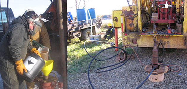 photos of a man in protective clothing, pouring chemicals into a well and mechanical injection of chemicals