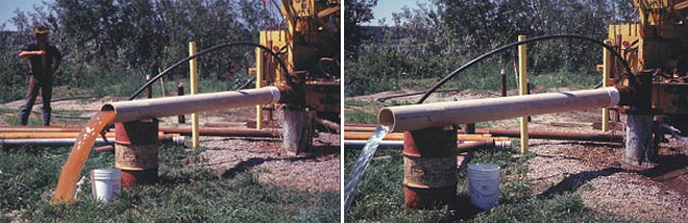 Photos show the pumping of a well after a treatment process until turbid water runs clear.