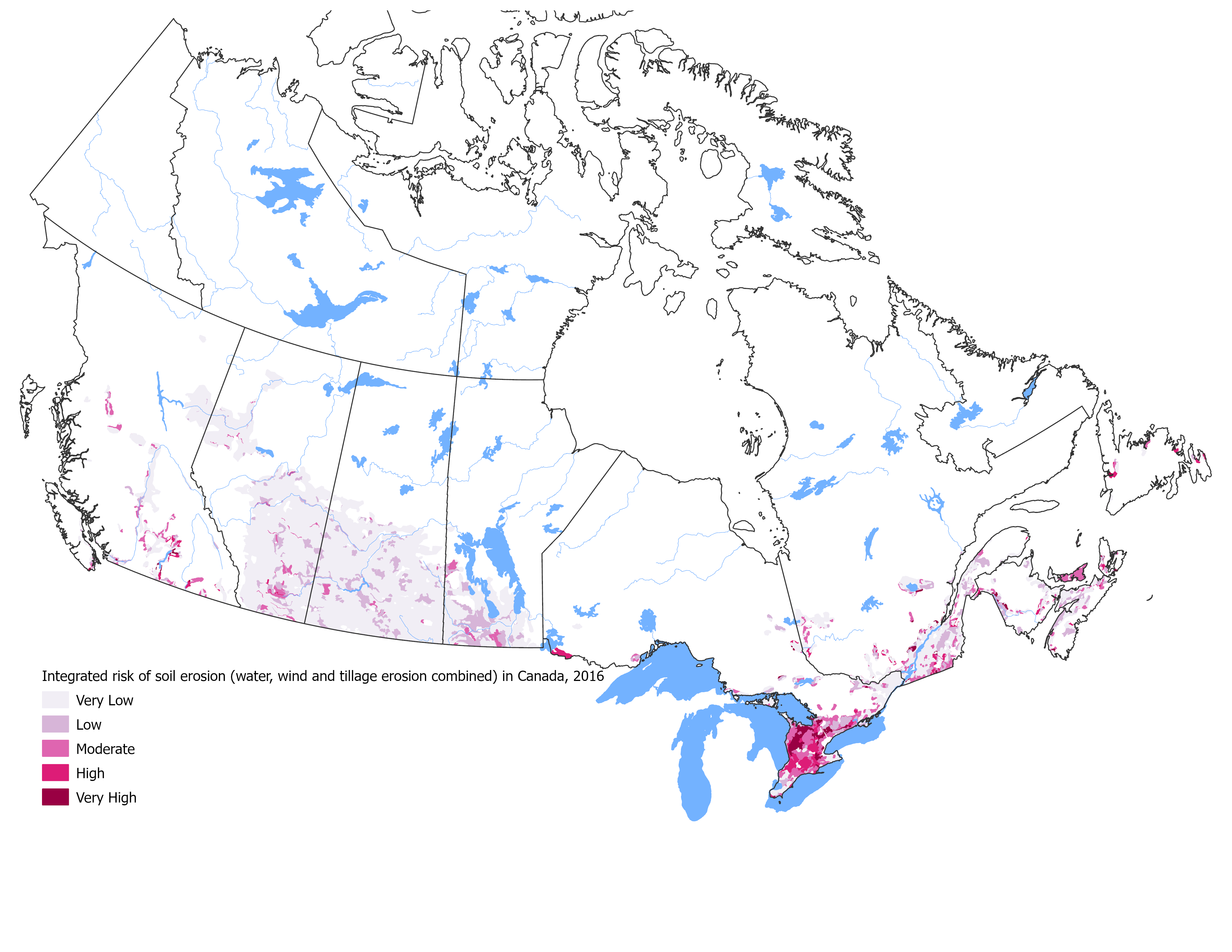 Figure 1 illustrates the integrated risk (water, wind and tillage erosion combined) of soil erosion across Canada in 2016, color coded based on the risk level.