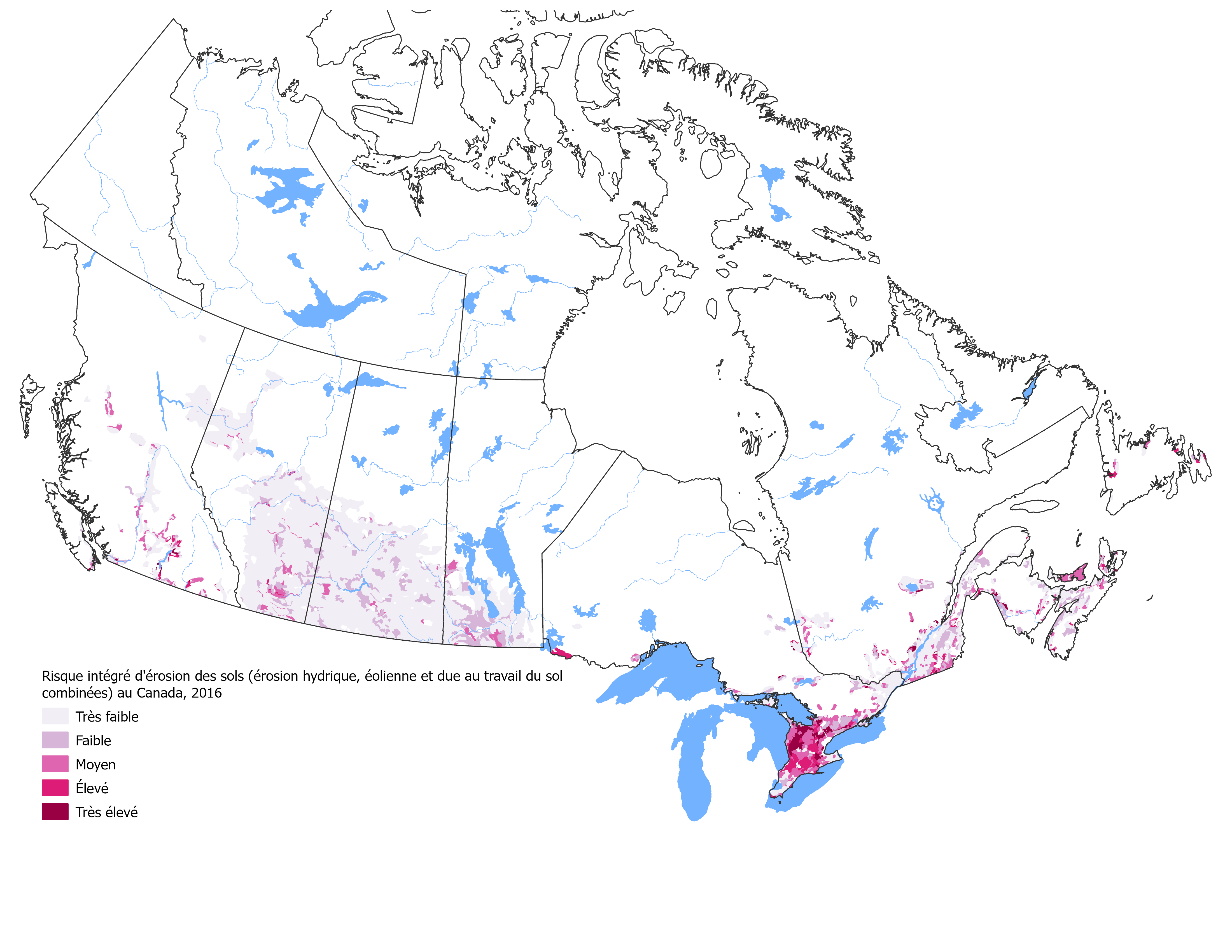 La figure 1 illustre le risque intégré d'érosion du sol (combinaison de l'érosion hydrique, de l'érosion éolienne et de l'érosion attribuable au travail du sol) au Canada en 2016, avec un code de couleurs basé sur le niveau de risque.