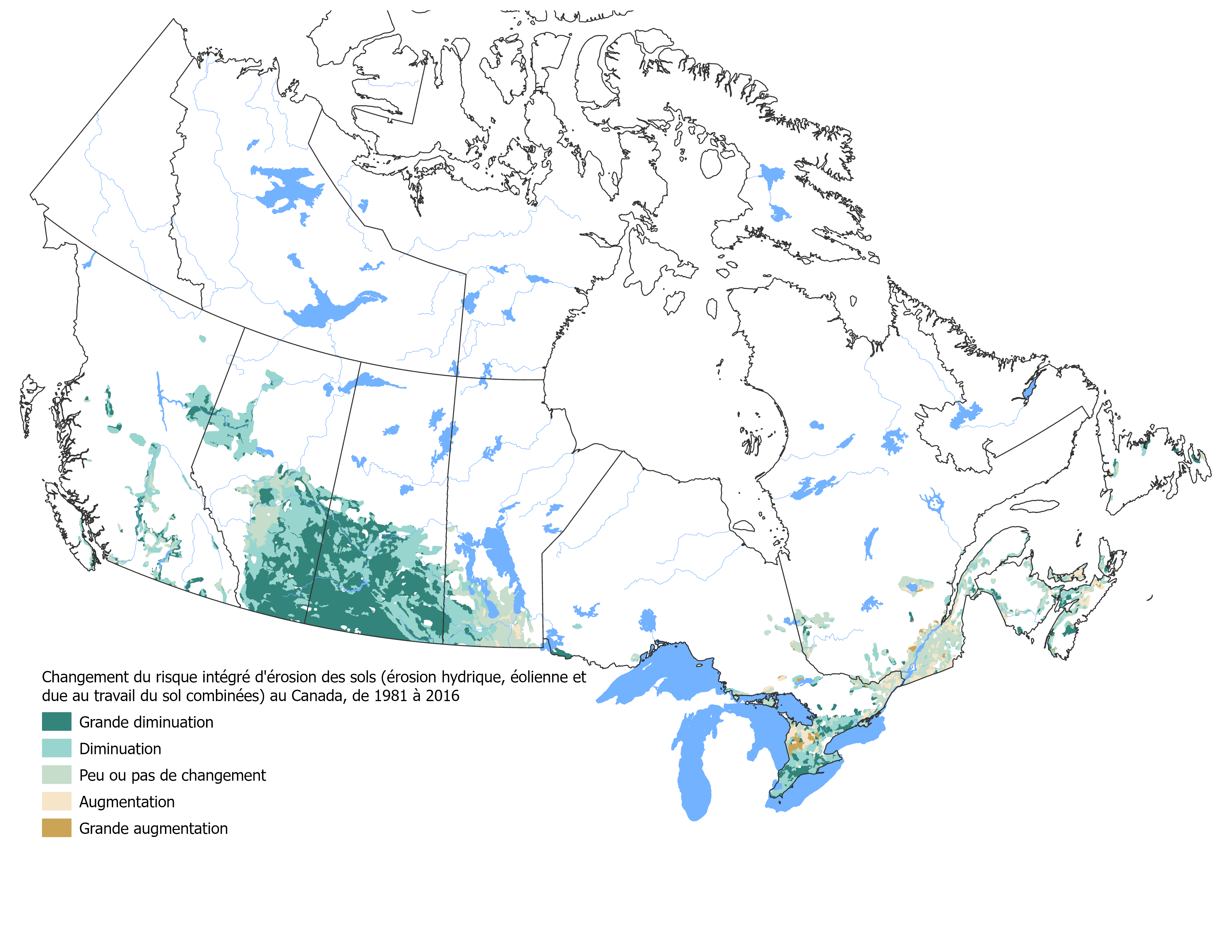 La figure 2 illustre l'évolution du risque intégré d'érosion du sol au Canada entre 1981 et 2016, avec un code de couleurs basé sur l'évolution du risque. Le risque d'érosion du sol des terres en culture au Canada a reculé de façon constante entre 1981 et 2011, mais a légèrement augmenté en 2016.