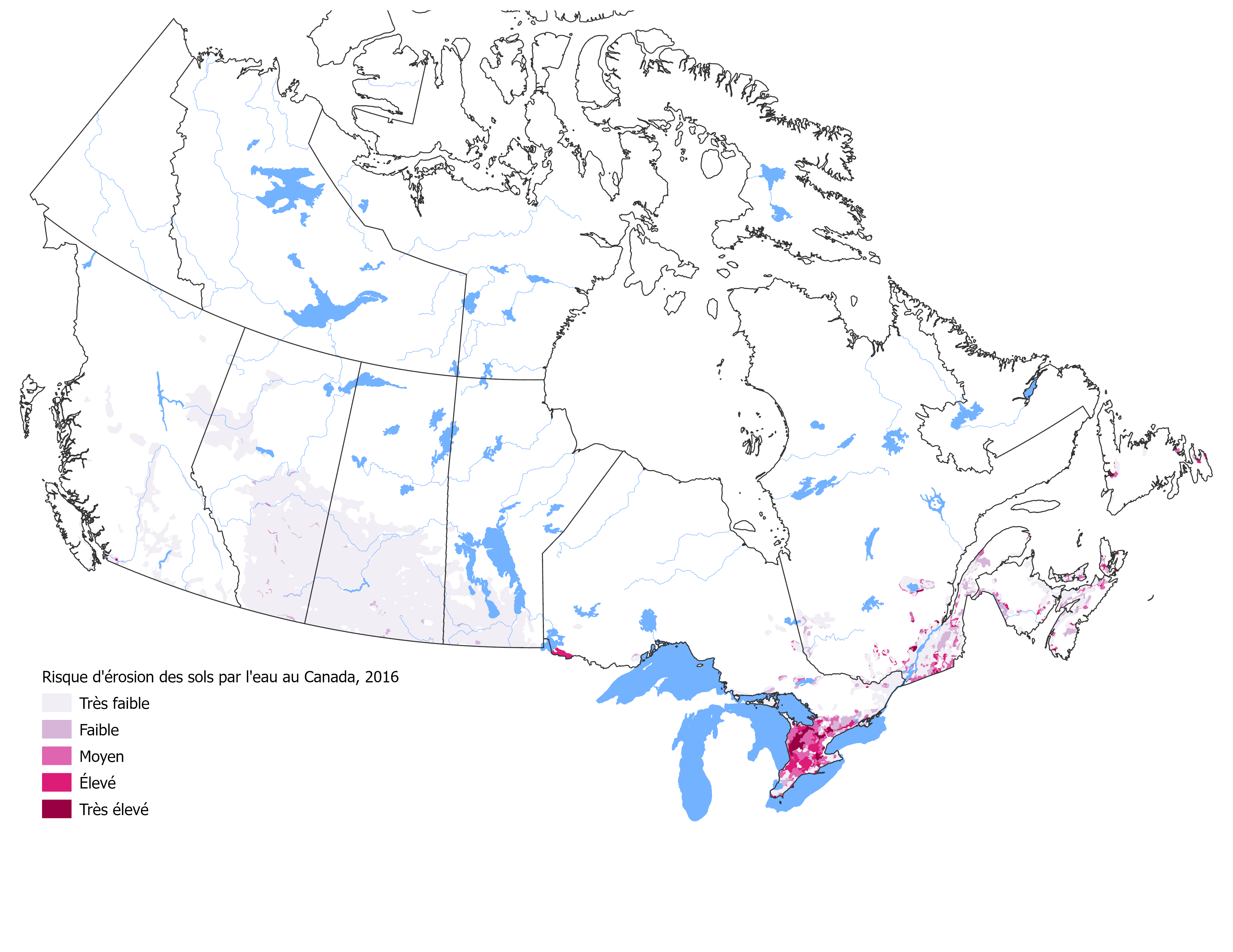 La figure 3 illustre le risque d'érosion du sol associé à la composante hydrique dans l'ensemble du Canada en 2016, avec un code de couleurs basé sur le niveau de risque.