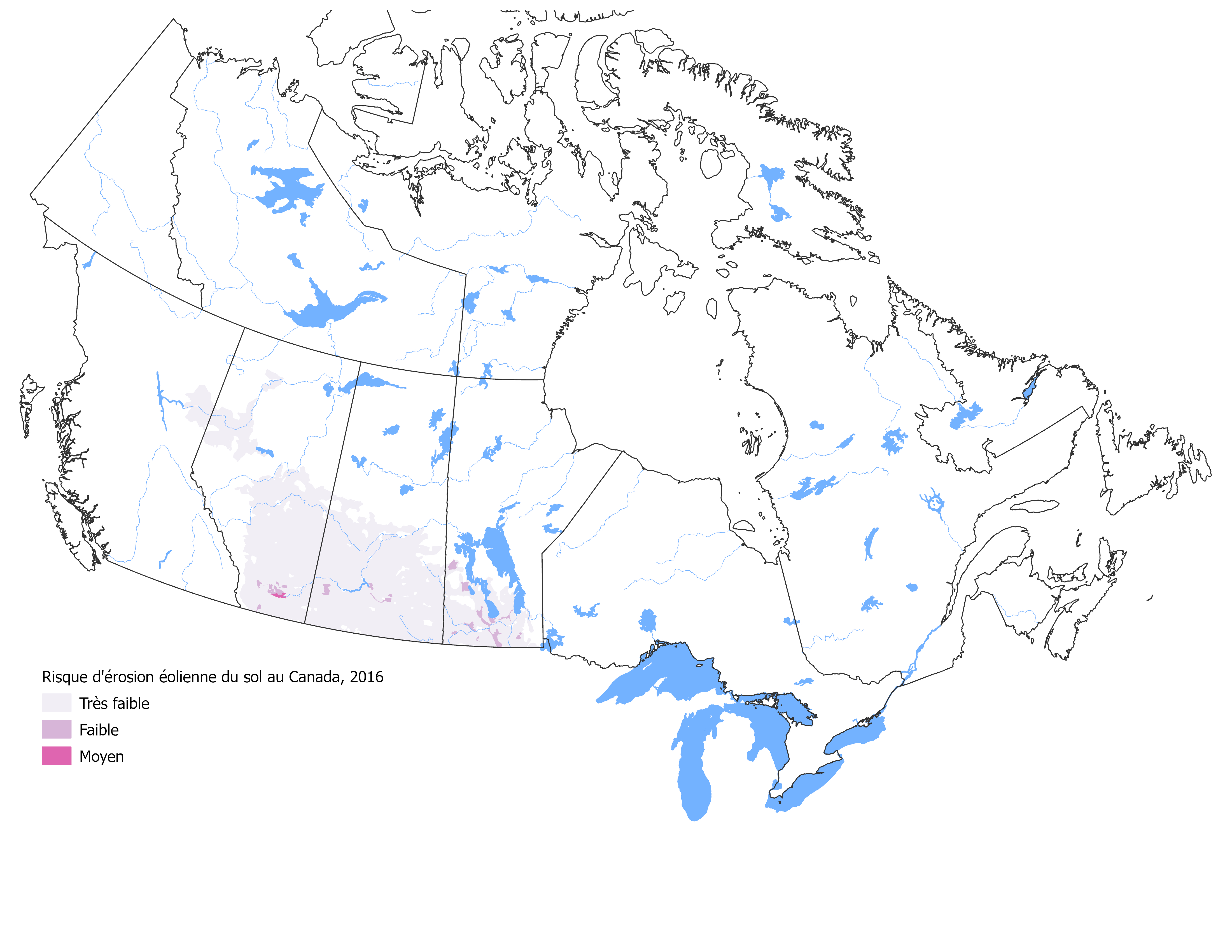 La figure 4 illustre le risque d'érosion du sol associé à la composante éolienne dans l'ensemble du Canada en 2016, avec un code de couleurs basé sur le niveau de risque.