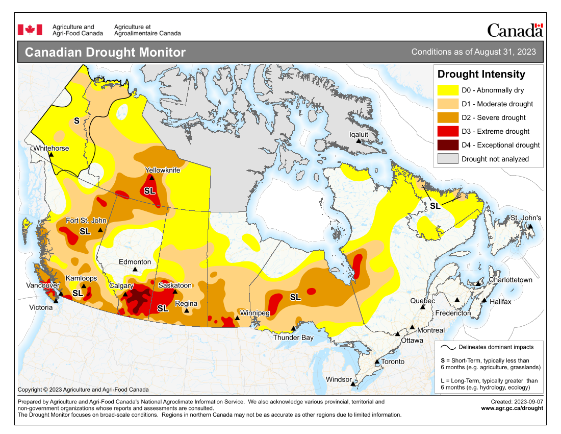 Canadian Drought Monitor, conditions as of August 31, 2023, map of Canada
