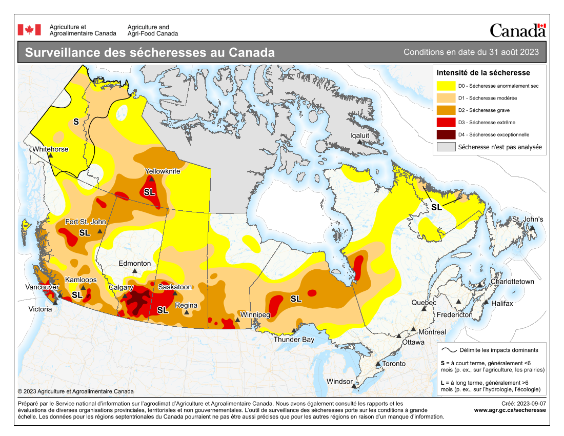 Surveillance des sécheresses au Canada, conditions en date du 31 août 2023, carte du Canada