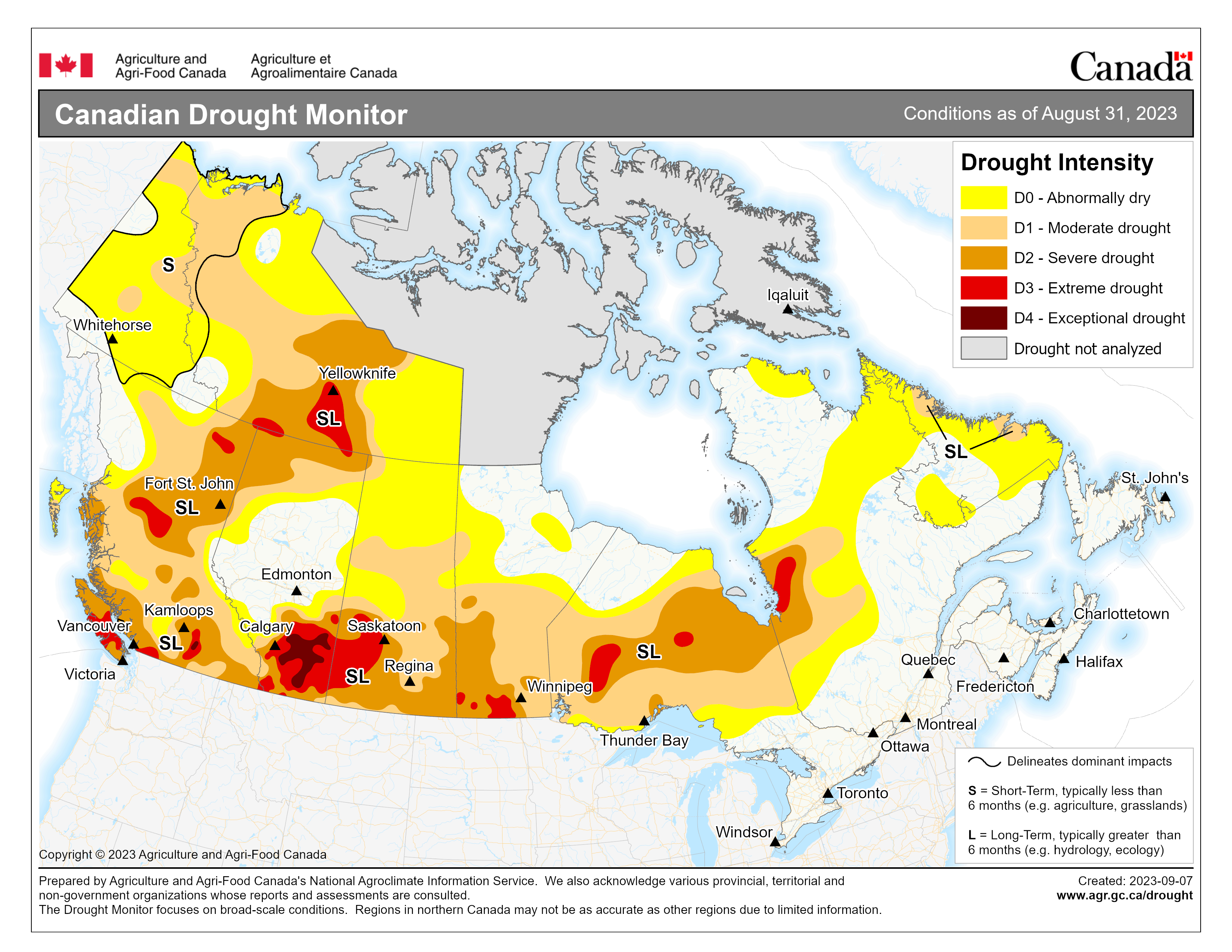 Map showing the Canadian Drought Monitor for conditions as of August 31, 2023