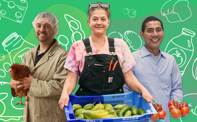 A man holding a hen, a woman holding a container full of cucumbers and a man holding tomatoes, on a background full of food icons.