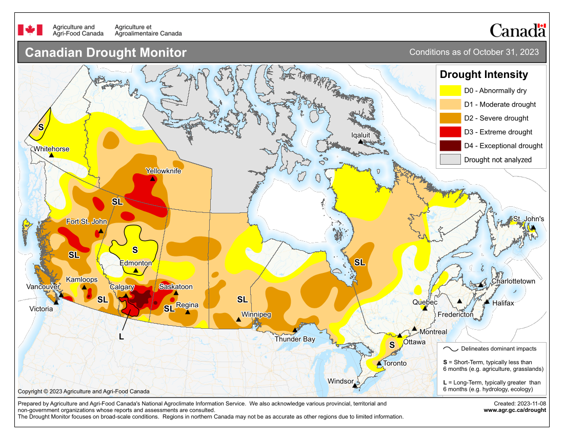 Canadian Drought Monitor, conditions as of October 31, 2023, map of Canada