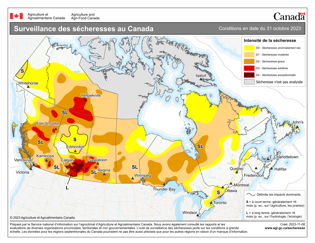 Surveillance des sécheresses au Canada, conditions en date du 31 octobre 2023, carte du Canada