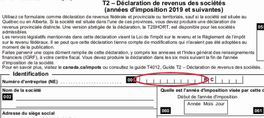 Où trouver le numéro d'enterprise sur le formulaire T2 - Déclation de revenus des sociétés