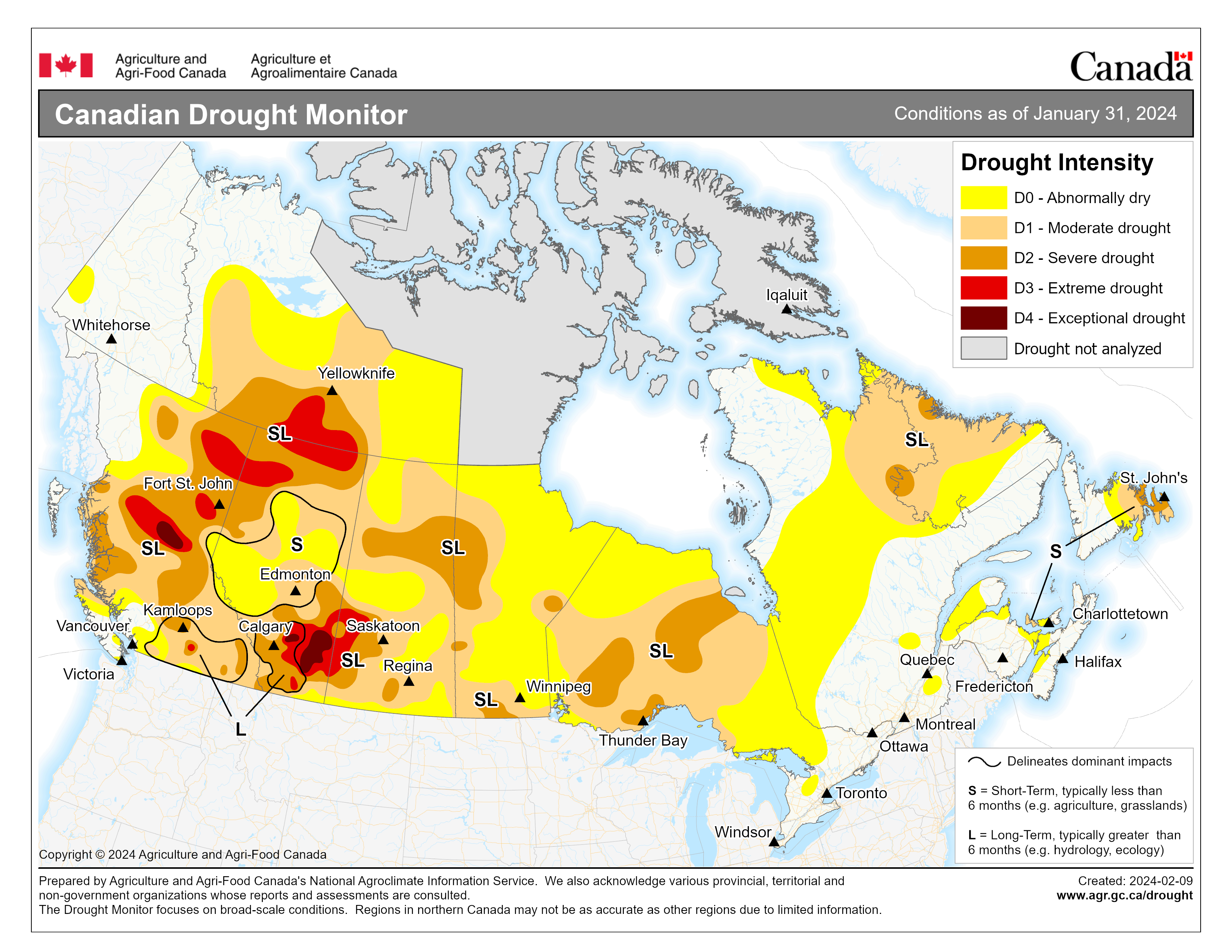 Map showing the Canadian Drought Monitor for conditions as of December 31 2023