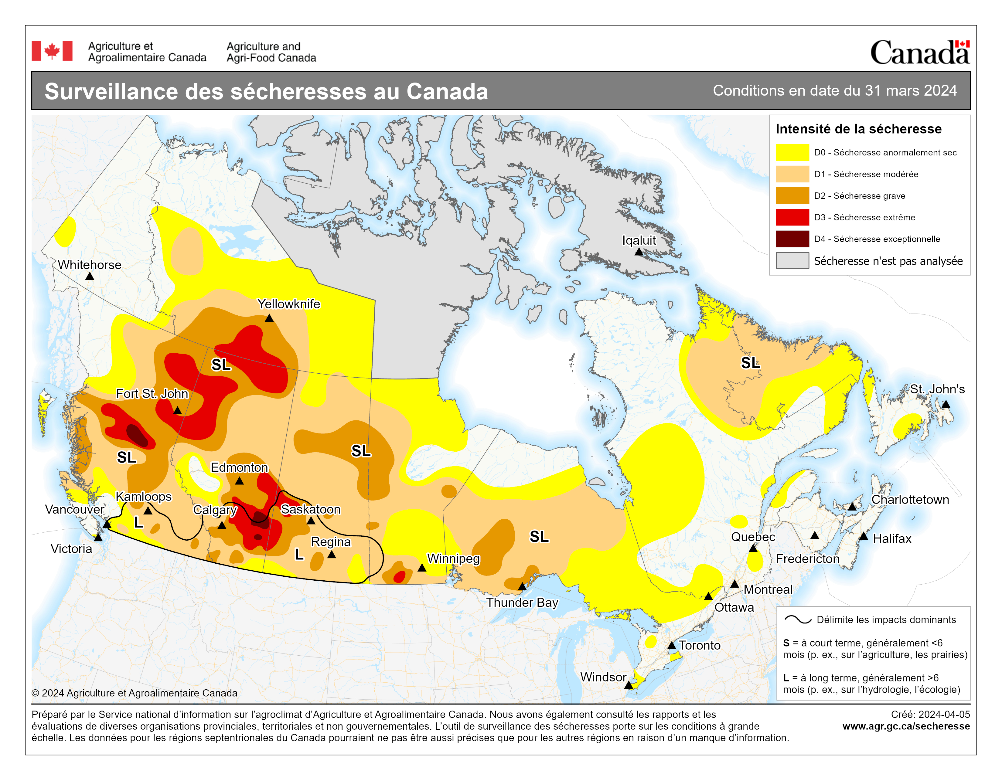 Carte montrant la Surveillance des sécheresses au Canada pour les conditions en date du 31 mars 2024