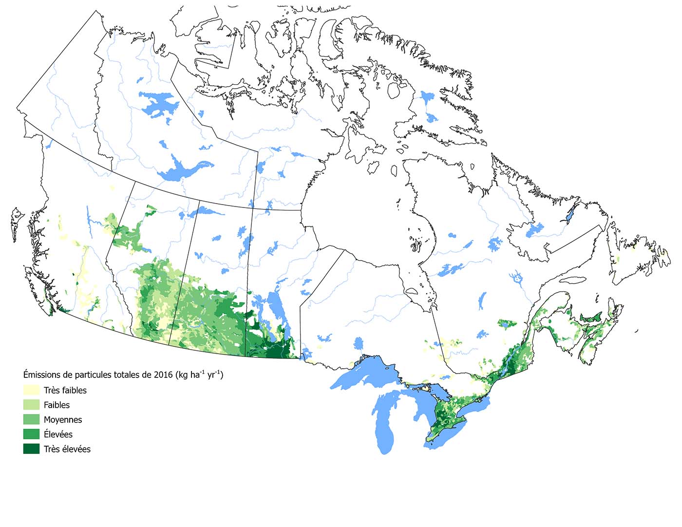 La figure 3 illustre les émissions totales de particules en suspension en 2016, dans l'ensemble de l'étendue agricole canadienne, selon un code couleur basé sur la proportion de terres agricoles.