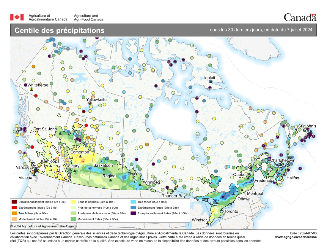 Centiles des précipitations dans les 30 derniers jours, en date du 7 juillet 2024