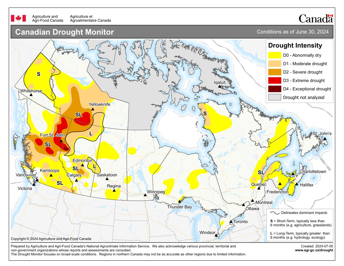 Canadian Drought Monitor, conditions as of June 30, 2024