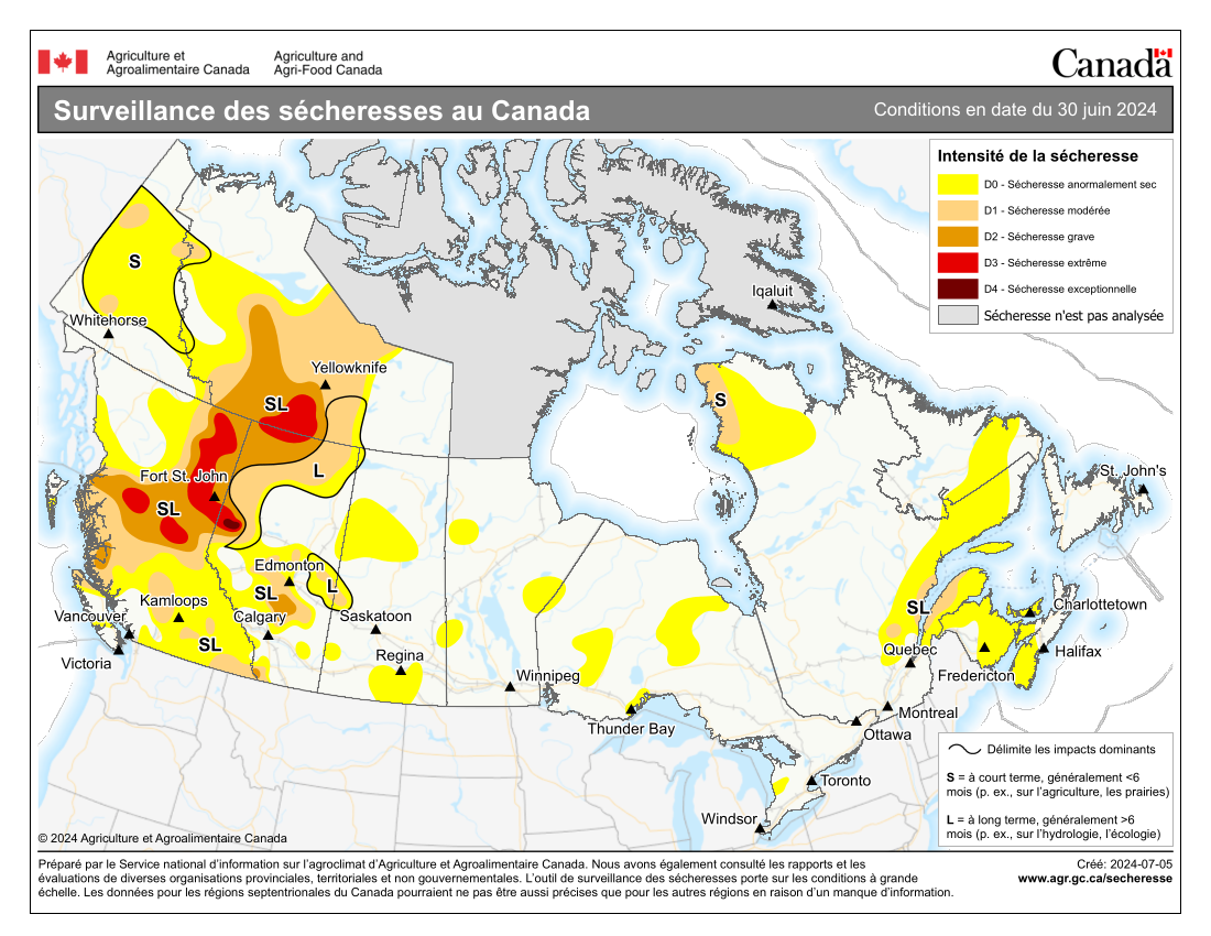 Surveillance des sécheresses au Canada, conditions en date du 30 juin 2024