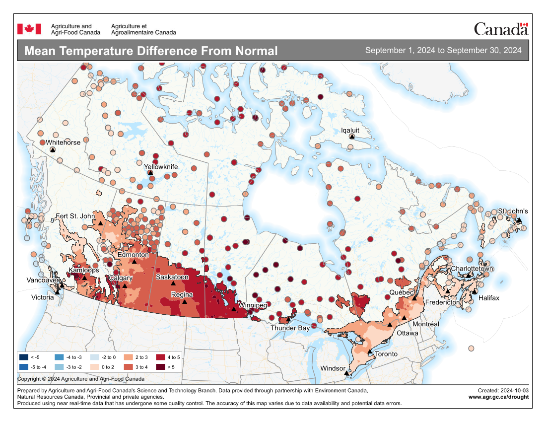 Mean Temperature Differences from Normal, September 1 to 30, 2024, map of Canada.