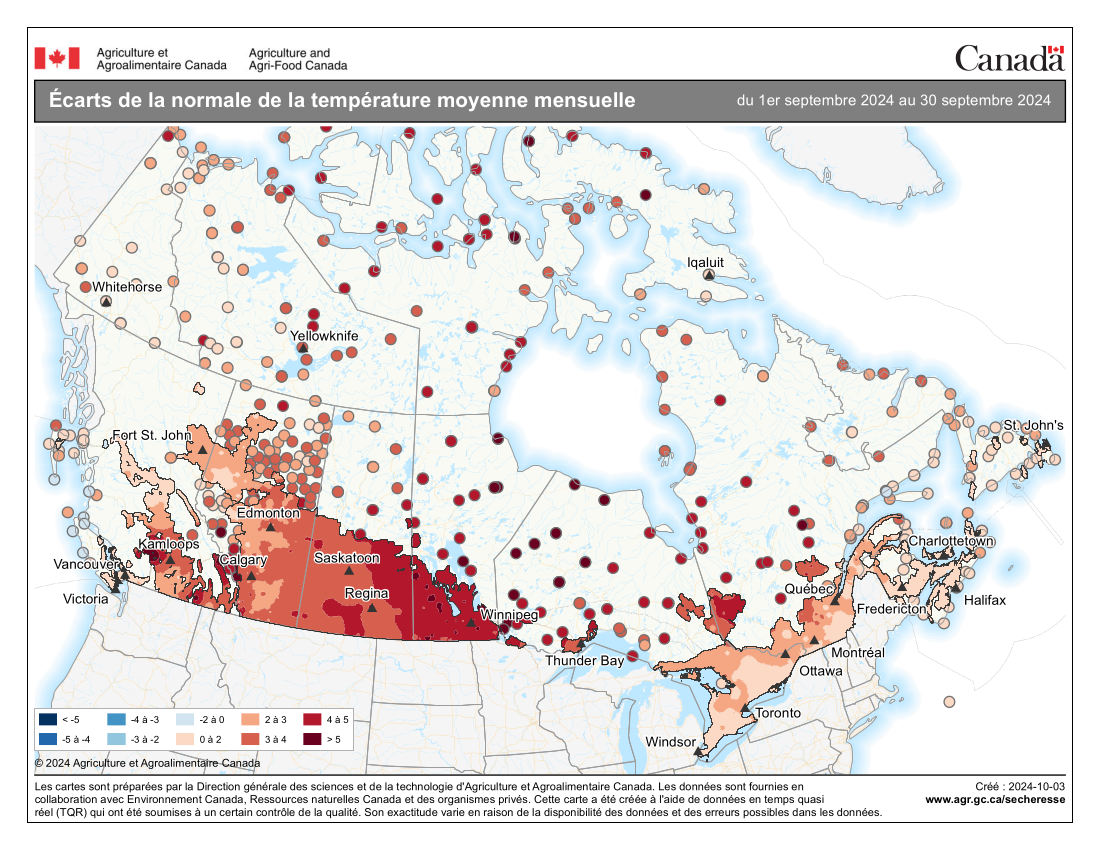 Différence de température moyenne par rapport à la normale, du 1er au 30 septembre 2024, carte du Canada.