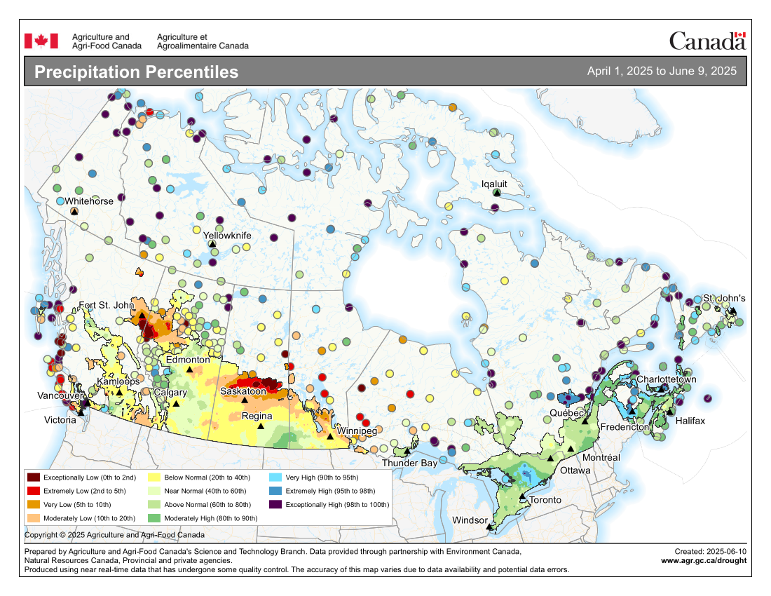 Precipitation Percentiles in past 30 days, April 1, 2025 to June 9, 2025 map of Canada.