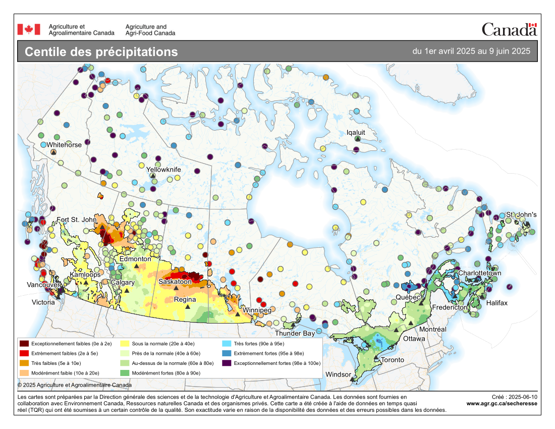 Centile des précipitations de la saison de croissance par rapport à la normale, du 1er avril au 9 juin 2025, carte du Canada.