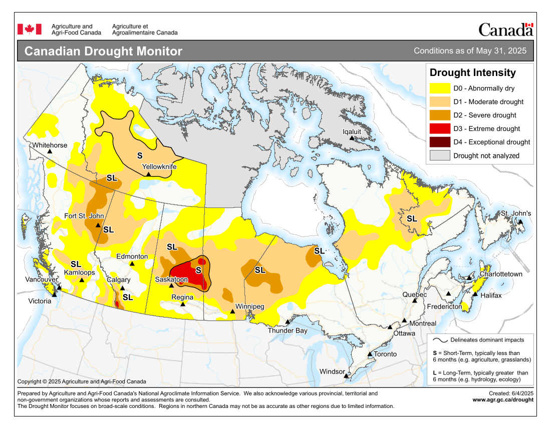 Canadian Drought Monitor, conditions as of May 31, 2025, map of Canada.