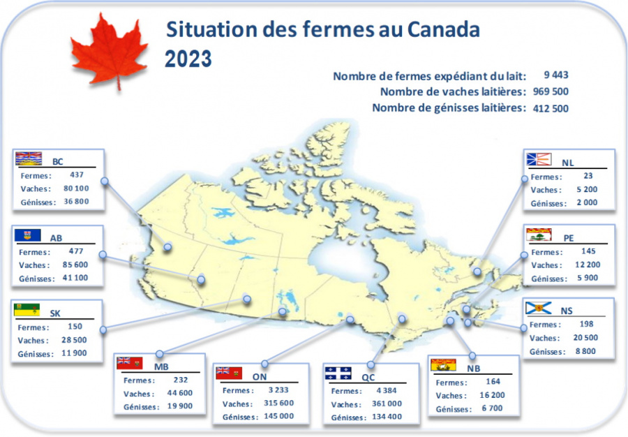 Image: Carte du Canada avec nombre de fermes et vache laitière tel que décrit dans le tableau ci-dessous
